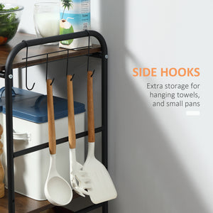 Rolling Kitchen Cart, 3-Tier Utility Storage Cart with 2 Basket Drawers & Side Hooks, Lockable Casters for Dining Room