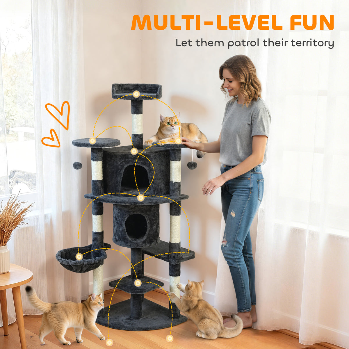 62" Cat Tree with Scratching Post, 2 Condos, Hammock, Perches, Plush, Pompoms, for Indoor Cats, Beige – view 10