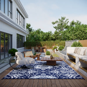 Portable Outdoor Rug with Carry Bag, 9' x 18' Reversible Mat, Waterproof Plastic Straw RV Rug for Backyard, Deck, Picnic, Beach, Camping, Blue & White Flower