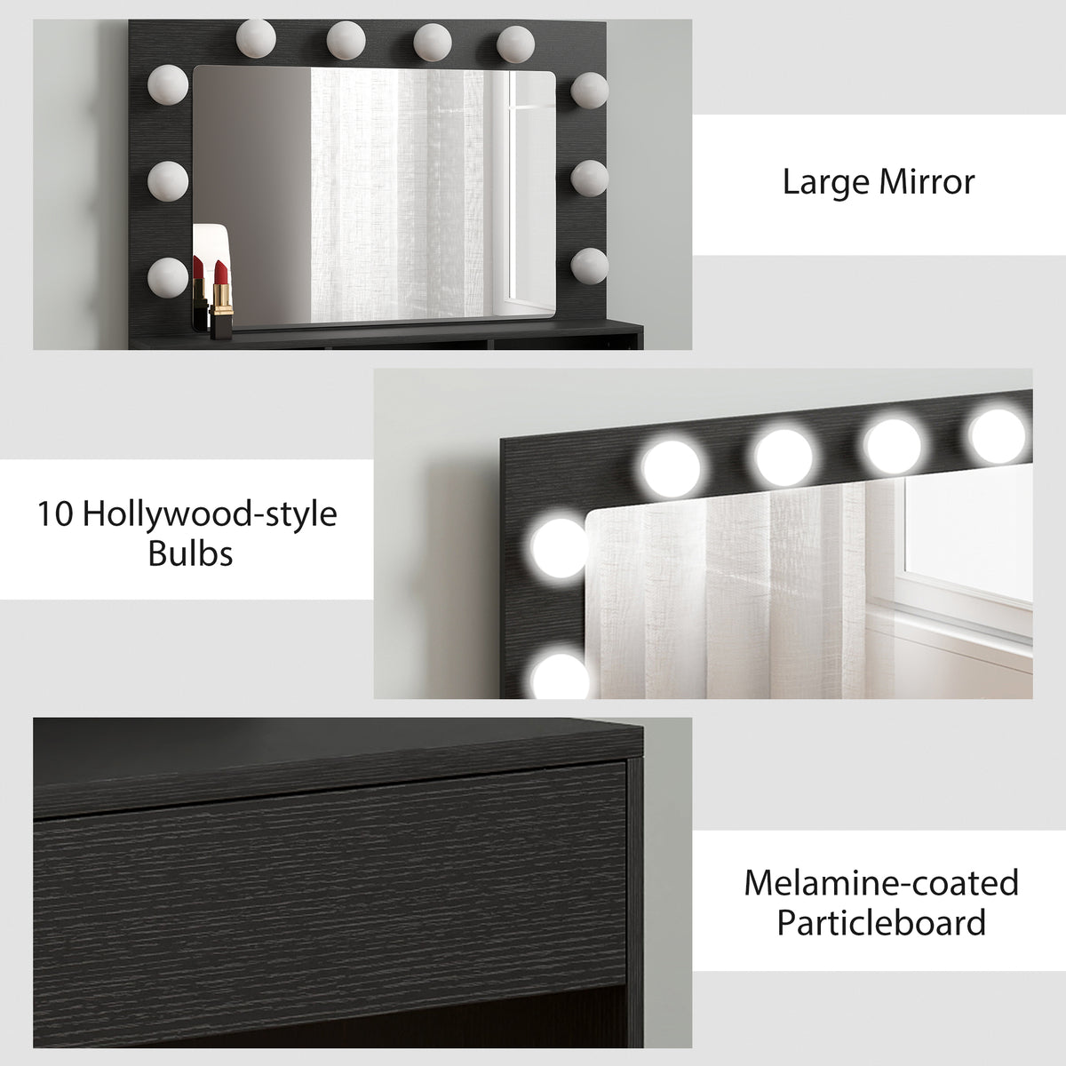 Vanity Table, Makeup Dressing Table with LED Lighting Mirror, Drawers, for Bedroom, Black – view 19
