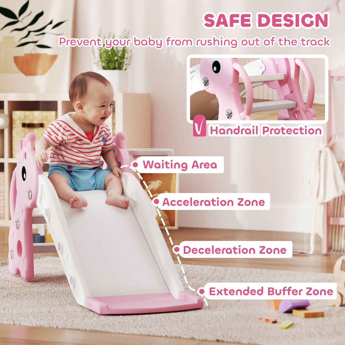 Qaba 3 in 1 Toddler Slide for Age 1-3, Kids Slide with Climber, Basketball Hoop and Ball, Giraffe Design
