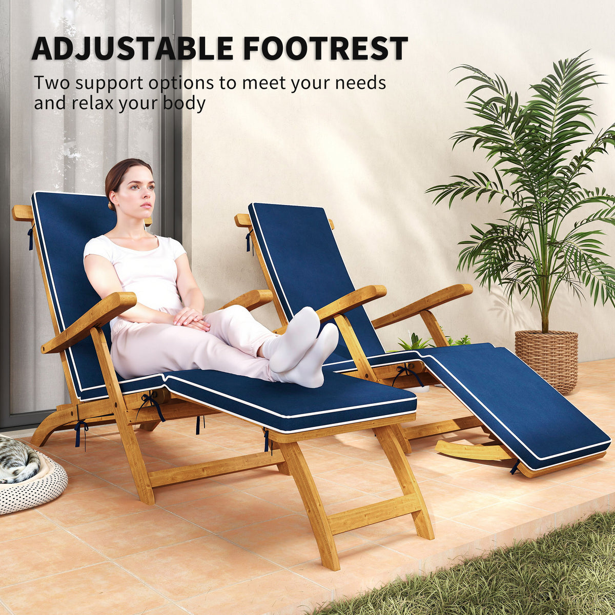Folding Patio Lounge Chair with Padded Cushion, Acacia Wood Patio Lounger Recliner with Footrest for – view 4