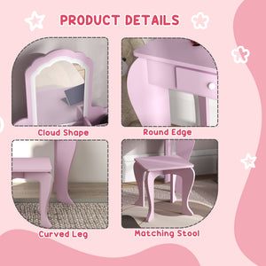 Qaba Makeup Vanity with Mirror and Stool, Cloud Design, Drawer, Storage Boxes, for 3-6 Years Old, Pink