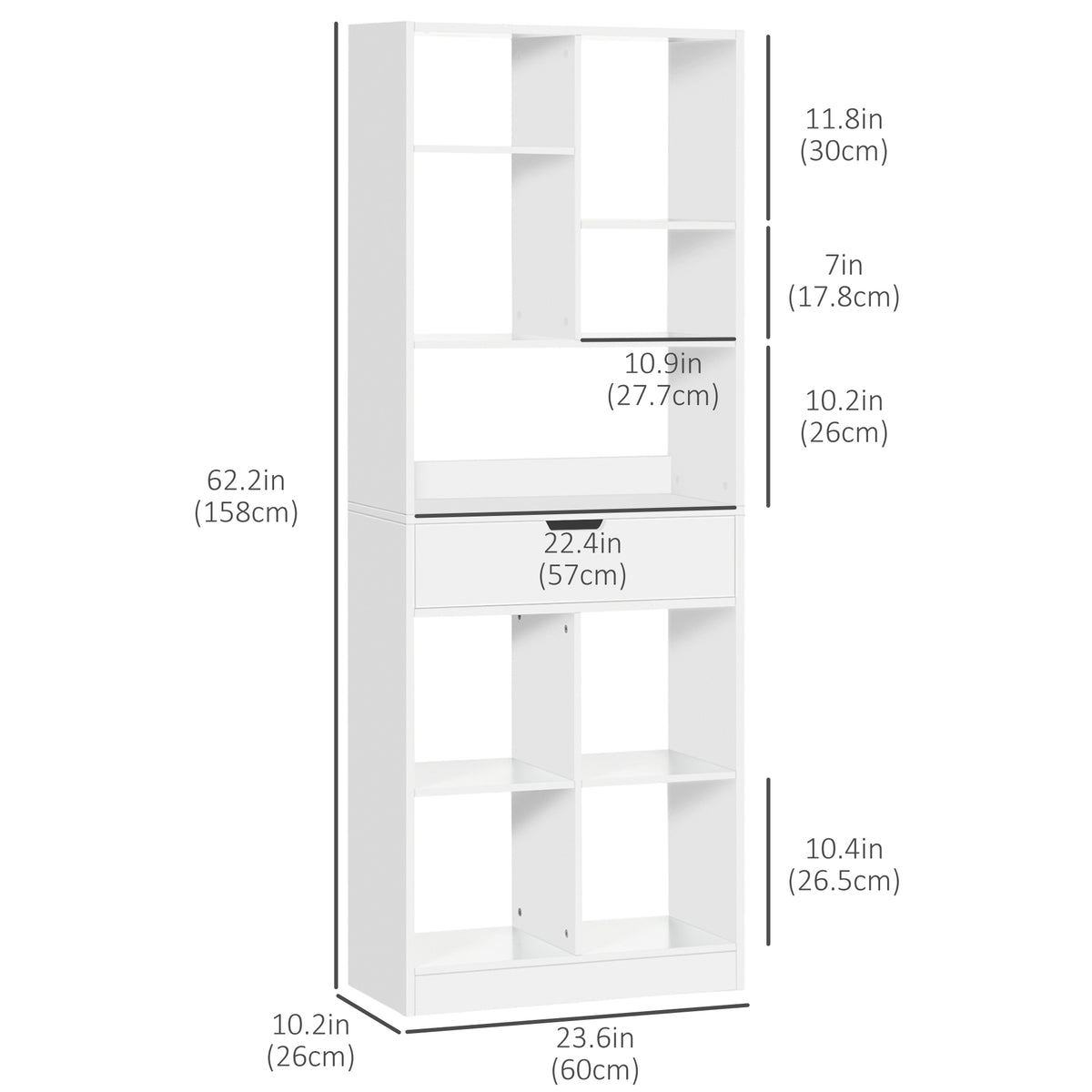 Tall Bookshelf with Drawer, Freestanding Bookcase for Bedroom, Living Room, Home Office, White