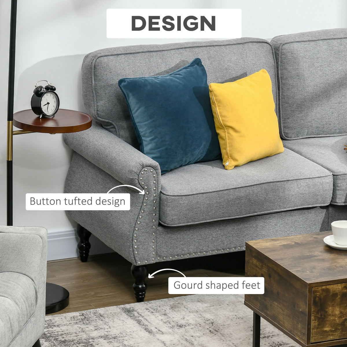 Stylish Midback Double Sofa with Sponge Padding, 2 Seater Sofa Couch, with Rubber Wood Leg, Grey