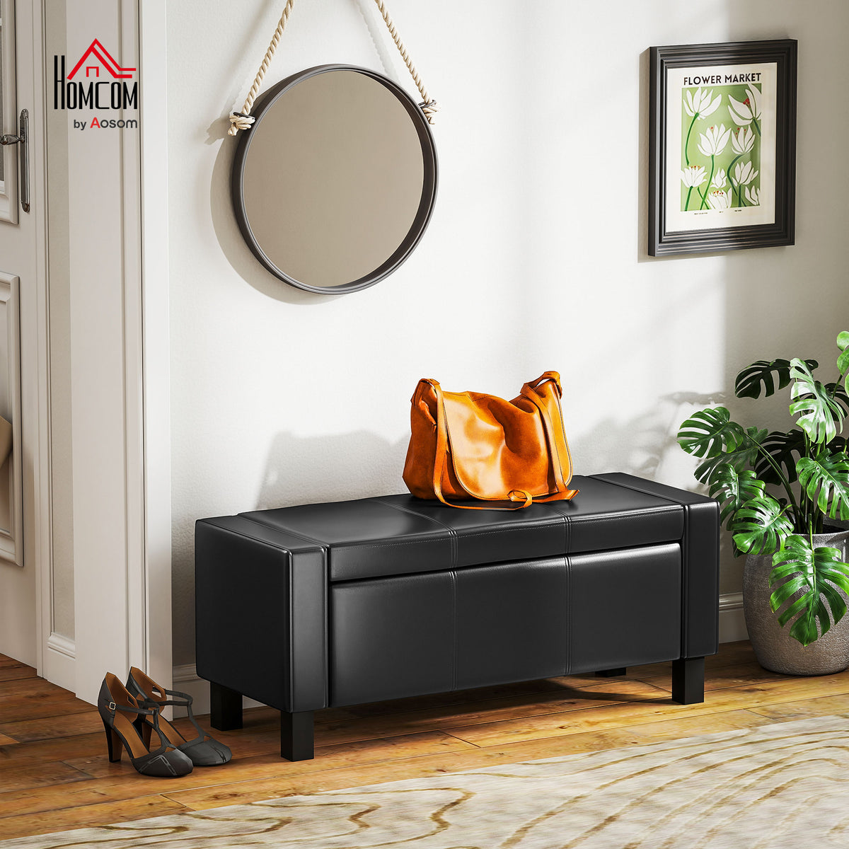 42" Deluxe Faux Leather Padded Storage Ottoman Bench Foot Stool Seat Chair with Organizer, Black
