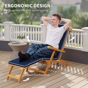 Folding Patio Lounge Chair with Padded Cushion, Acacia Wood Patio Lounger Recliner with Footrest for – view 3