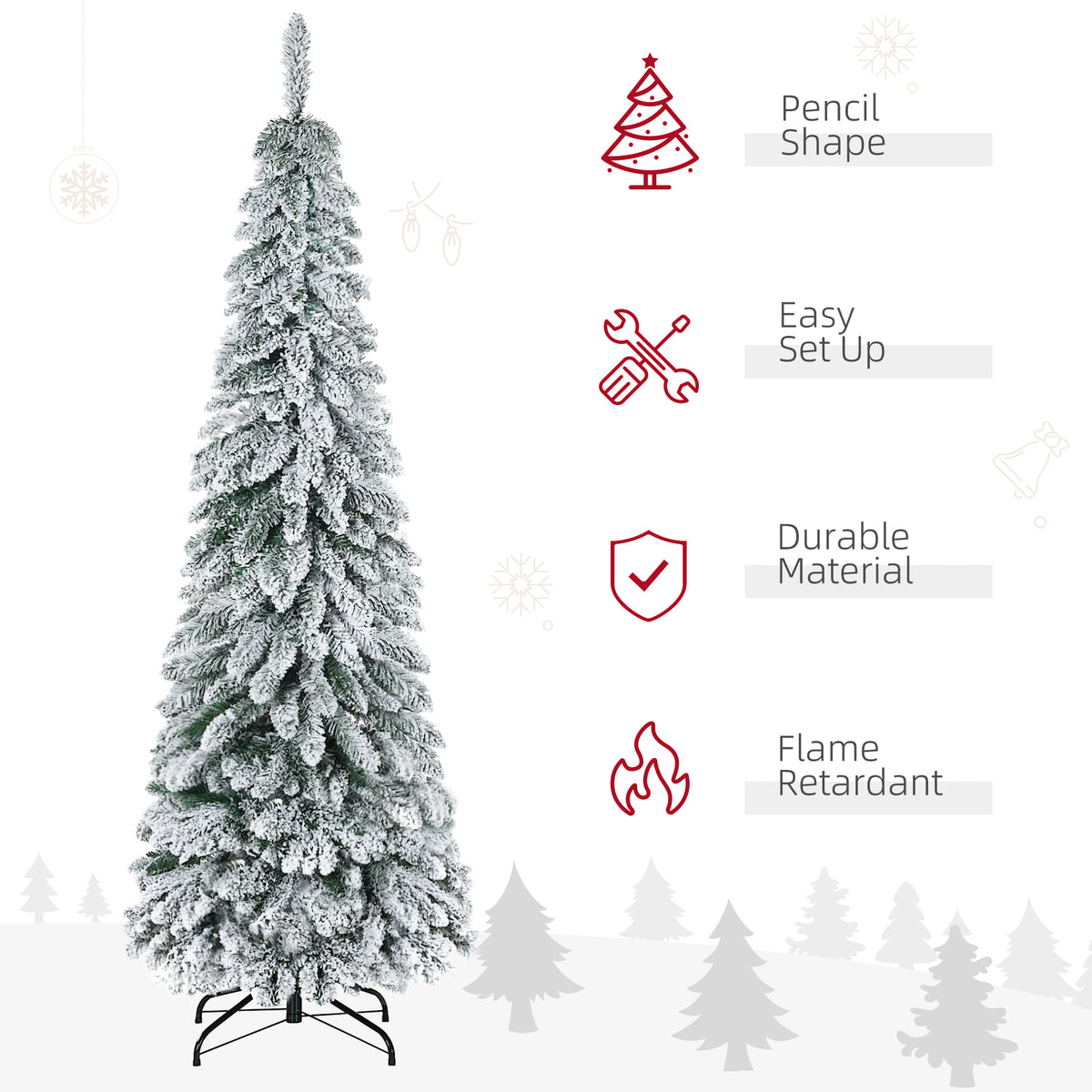 6' Artificial Slim Flocked Christmas Trees, with Snow Frosted Branches, Downswept Shape, Steel Base
