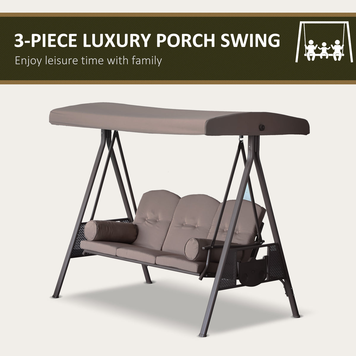 3 Seater Porch Swing Heavy Duty Outdoor Swing Chair Outdoor Lounge Hammock Cushioned Seat W/ Tilt Canopy – view 8