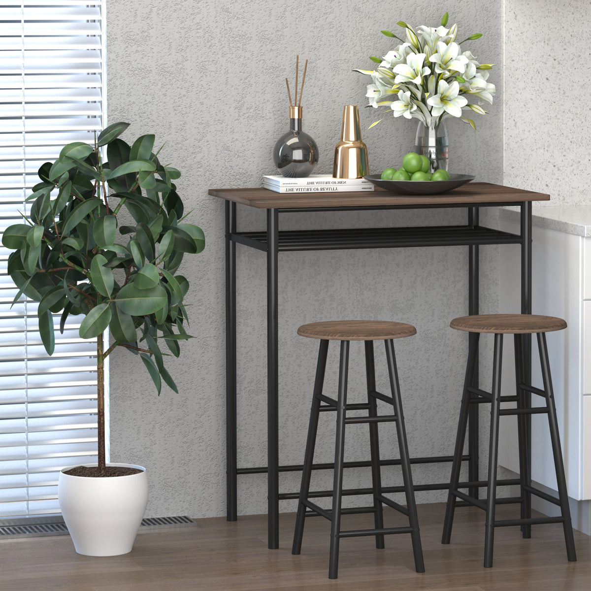 3 Piece Counter Height Bar Table Set with 1 Table, 2 Matching Stools, Dining Table Set with Storage Shelf and Metal Frame Footrest, Black and Oak