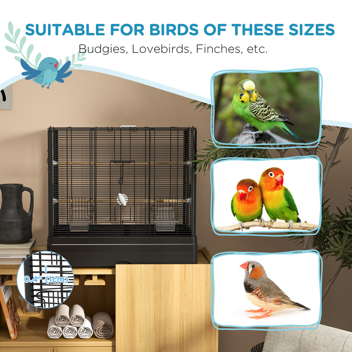 22" Bird Cage for Budgie Finches Canaries Love Birds with Wooden Stands, Slide-Out Tray, Handles – view 5