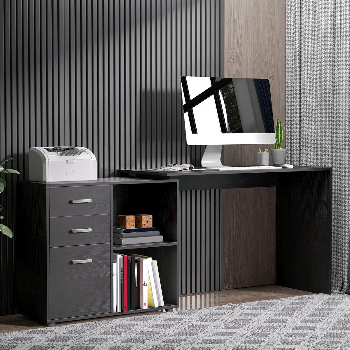 L-Shaped Corner Straight Writing Desk with Storage Shelf, Drawer – view 7