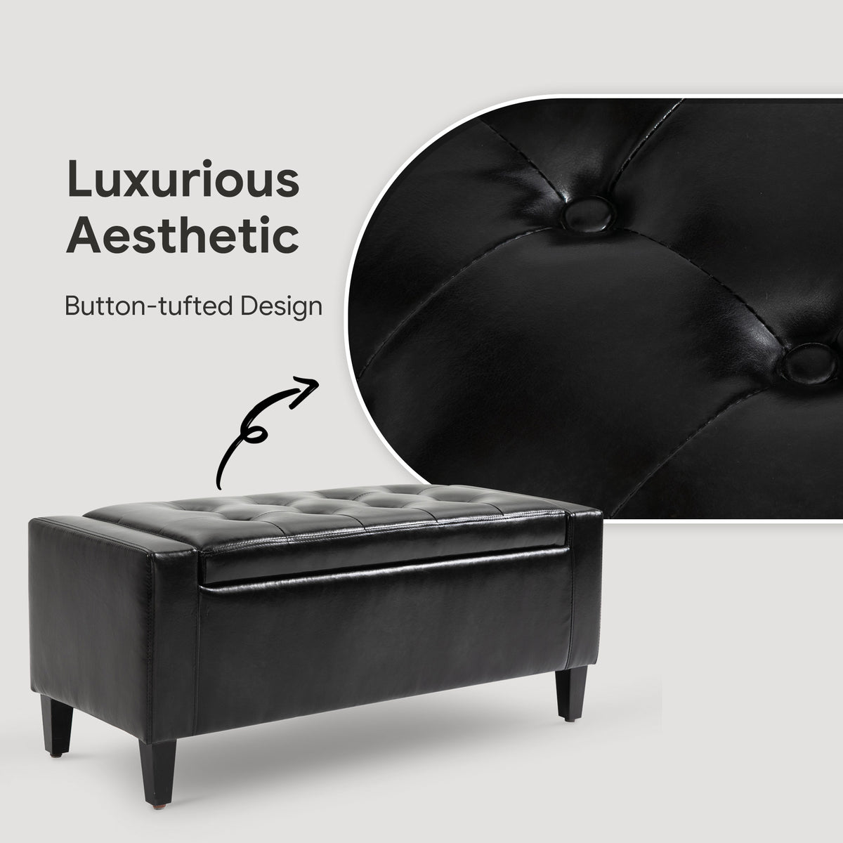 Storage Ottoman Bench, PU Leather Upholstered Bench with Tufted Design, Black