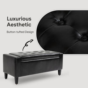Storage Ottoman Bench, PU Leather Upholstered Bench with Tufted Design, Black