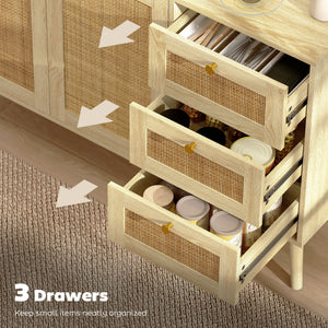 47" Buffet Cabinet with Soft-Close Doors, Rattan Sideboard with Drawers, Adjustable Shelf and Wooden Legs, Natural