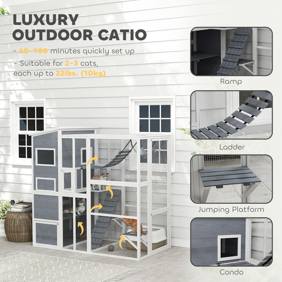 76" Catio Outdoor Cat Enclosure with Cat Condo, Jumping Platforms, Ladder, Ramps – view 3
