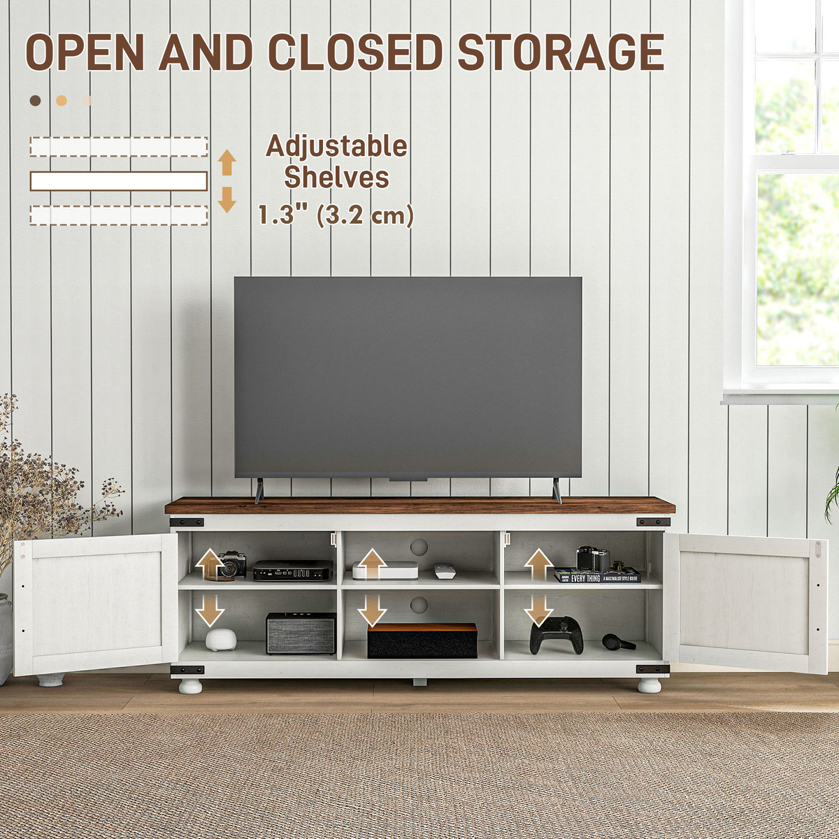 Farmhouse TV Stand Small Minimalist Barn Doors Cable Management for 65" TV Small Space Apartment Distressed White