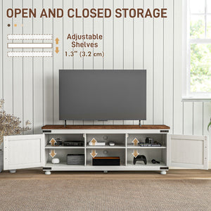 Farmhouse TV Stand Small Minimalist Barn Doors Cable Management for 65" TV Small Space Apartment Distressed White