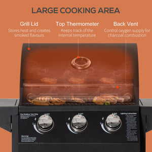 Outdoor 3 Burner Gas Grill Portable Barbecue w/ Wheels, Warming Rack, Shelves, Cabinet, Thermometer, Black
