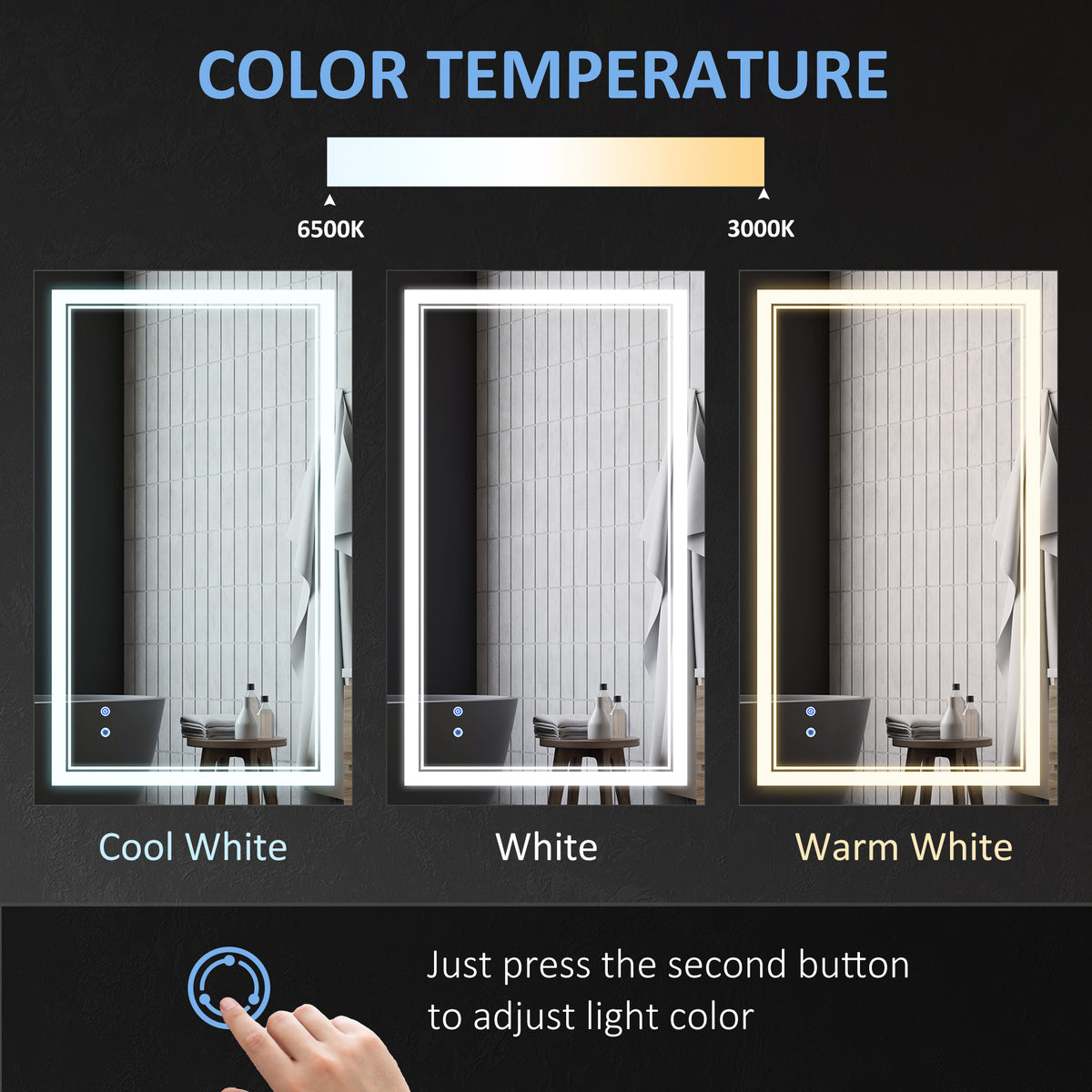 40" x 24" LED Bathroom Mirror, Dimmable Lighted Wall-Mounted Mirror, with 3 Colour, Smart Touch, Plug-in, Vertical or Horizontal Hanging