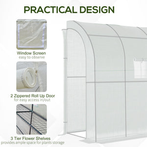 7' x 3' x 7' Outdoor Lean-to Walk-In Greenhouse w/ Roll-up Mesh Windows, Zipper Door and 3-Tier Shelves, White