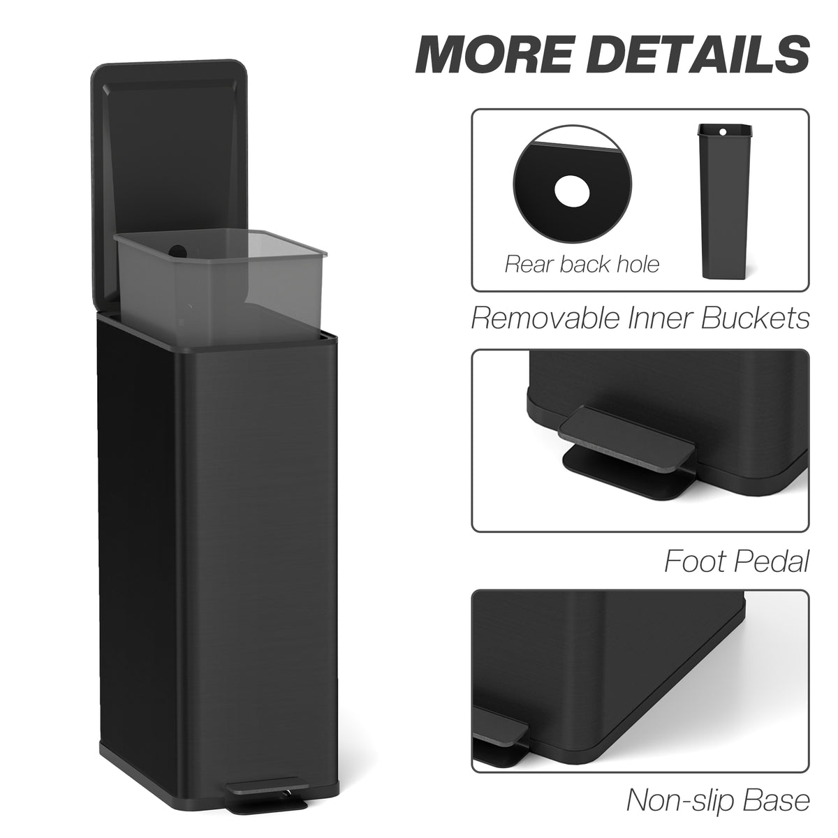 5.3 gal/20 L Stainless Steel Kitchen Garbage Can with Soft-close Lid, Foot Pedal, Fingerprint-Proof, Black – view 6