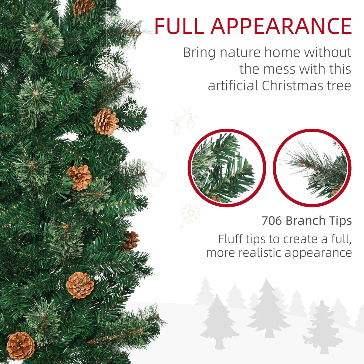 7.5ft Pencil Christmas Tree, Artificial Christmas with Pine Needles, Realistic Branches, Pine Cones – view 8