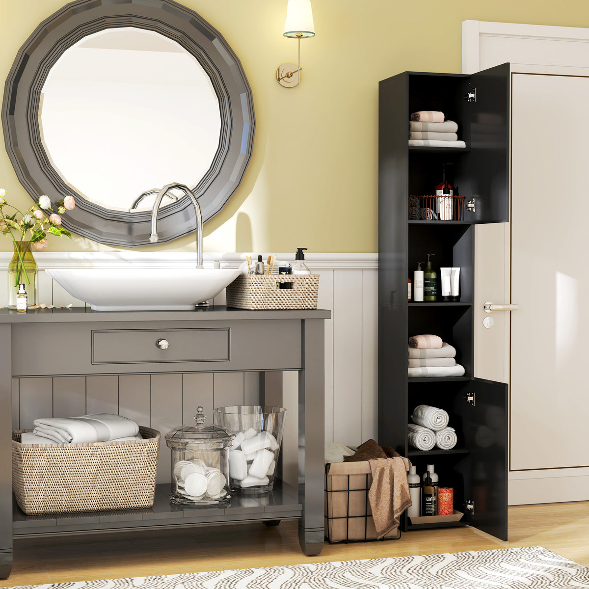 Tall Bathroom Cabinet, High Gloss Storage Cabinet with Doors and Adjustable Shelves, 11.8" x 11.8" x 71.5" – view 6