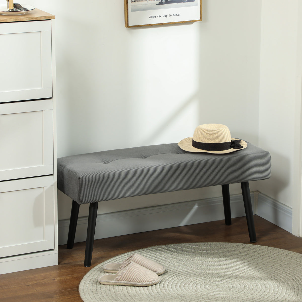 39" Upholstered Ottoman Bench, Corduroy Entryway Bedroom Bench with Padded Seat and Steel Legs for Bedroom – view 21