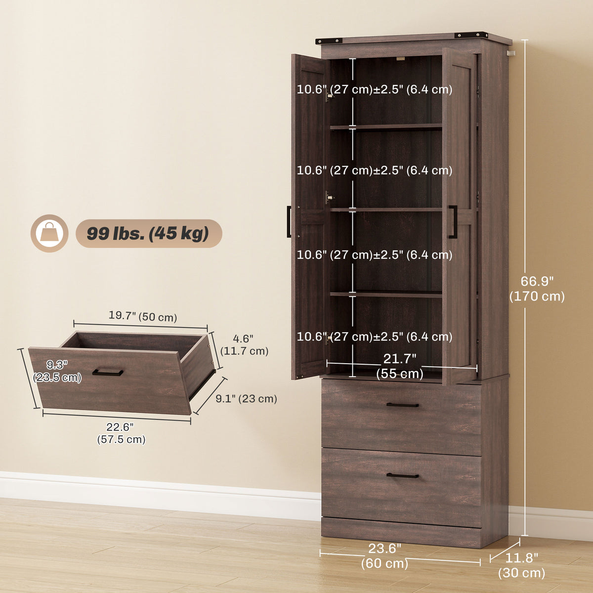 67" Tall Kitchen Pantry Storage Cabinet, Kitchen Pantry Cabinet with Doors, Drawers and Adjustable Shelves – view 9