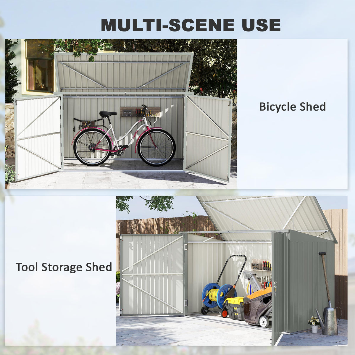 7.6 x 3.4ft Outdoor Storage Shed, 3 Garbage Bin Shed Organizer with Lockable Double Doors, Openable Lid, Silver Grey