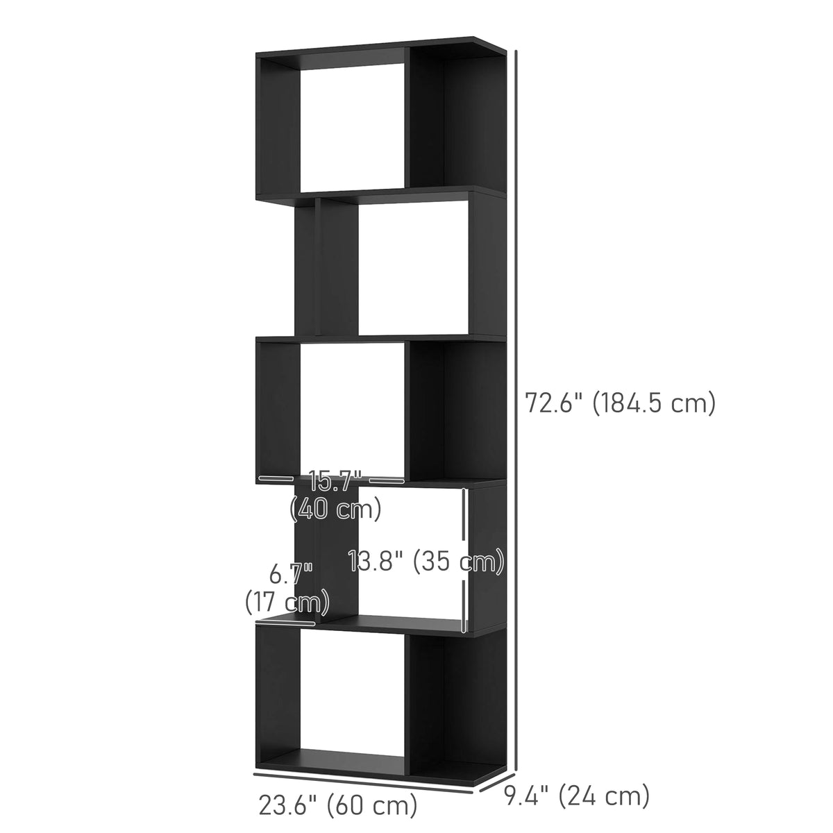 5-Tier Geometric Bookshelf, S Shaped Bookcase, Modern Freestanding Display Shelf Unit for Home Office, Black