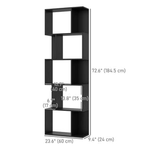 5-Tier Geometric Bookshelf, S Shaped Bookcase, Modern Freestanding Display Shelf Unit for Home Office, Black