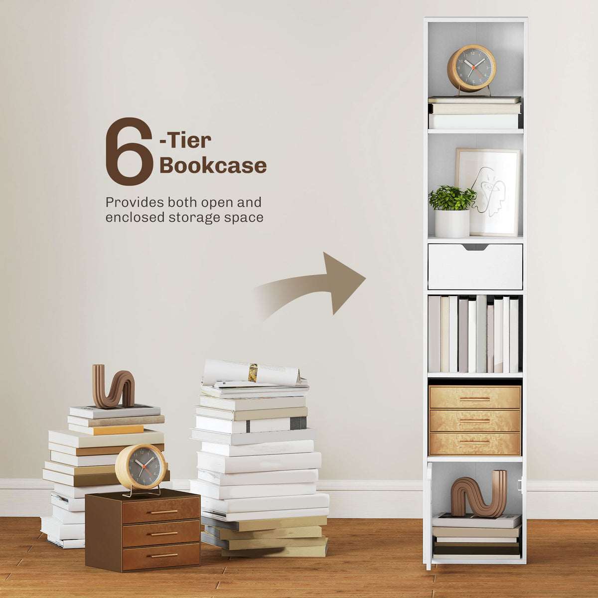 6-Tier Bookcase, Tall Narrow Bookshelf with Drawer and Door, White