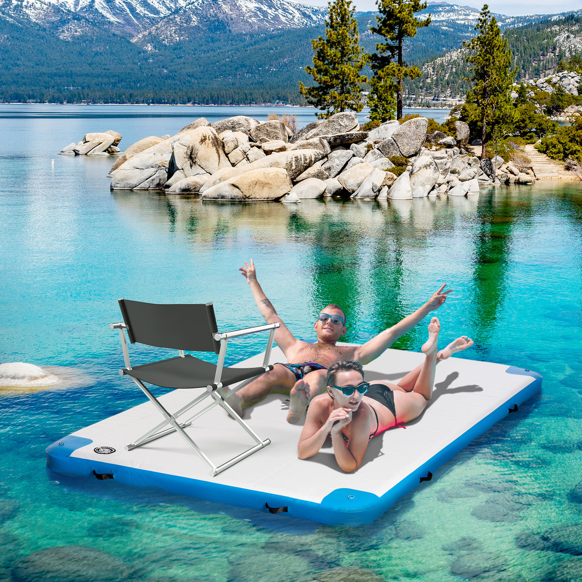 8' x 6' Water Floating Dock, Rafting Inflatable Island with Air Pump and Backpack for Pool, Beach, Ocean, Blue & Green