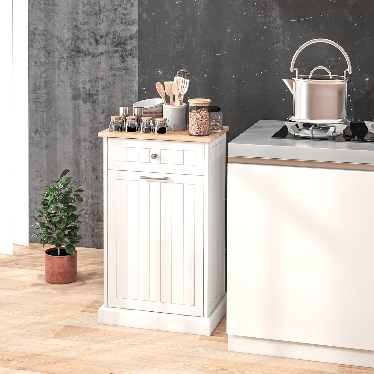 Kitchen Tilt Out Trash Bin Cabinet, Free Standing Recycling Cabinet, Trash Can Holder with Drawer, White – view 7