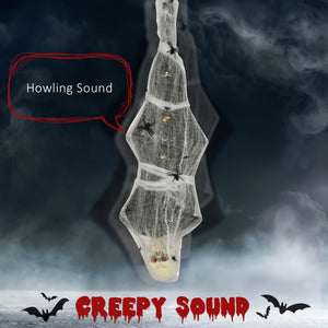 55.9 Inch/4.7ft Life Size Outdoor Halloween Decoration Hanging Mummy with Spider Web, Animated Prop Decor with Sound and Motion Activated, Light Up Eyes, Creepy Sound