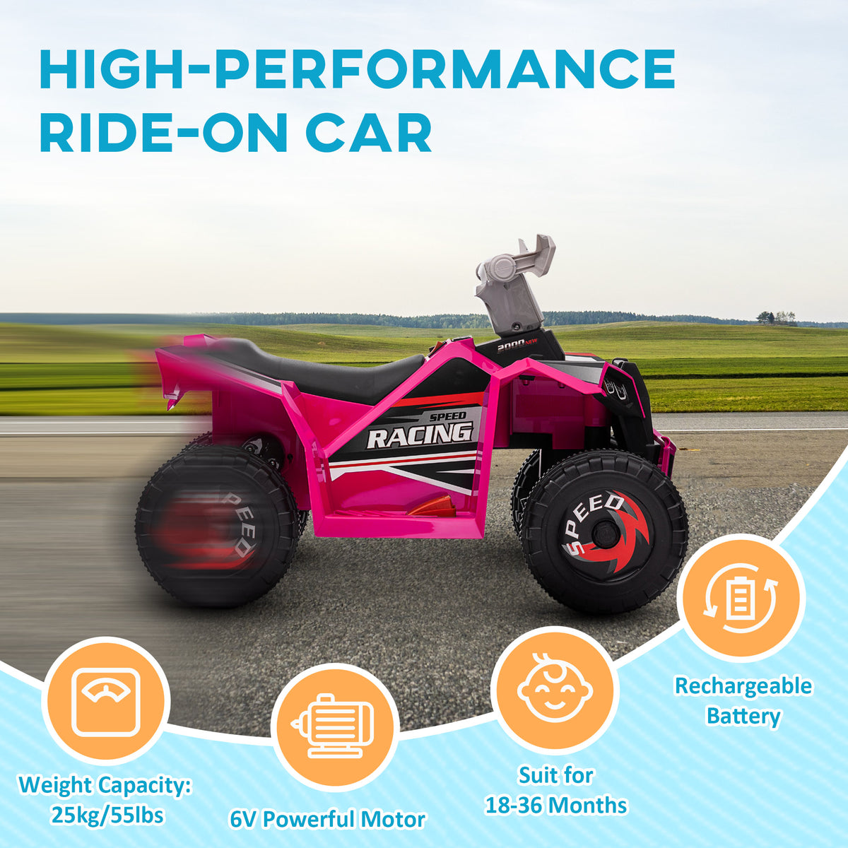 Aosom 6V Quad Kids Electric Car with Wear-resistant Wheels, for Boys and Girls Aged 18-36 Months