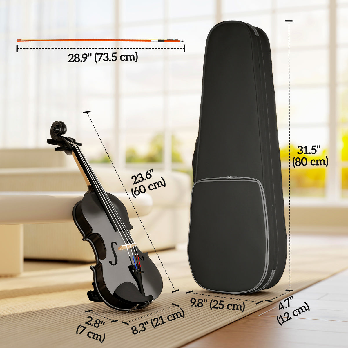 4/4 Full Size Violin, Wood Acoustic Violin Set for Beginners, Adults, with Case, Rosin, Shoulder Rest, Black