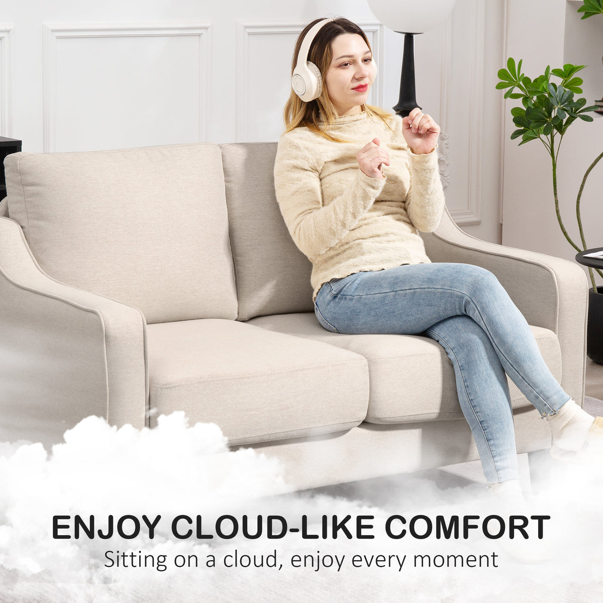 Loveseat Sofa, Modern Couch with Pocket Spring, Linen Upholstered, Thick Padded, Beige – view 3