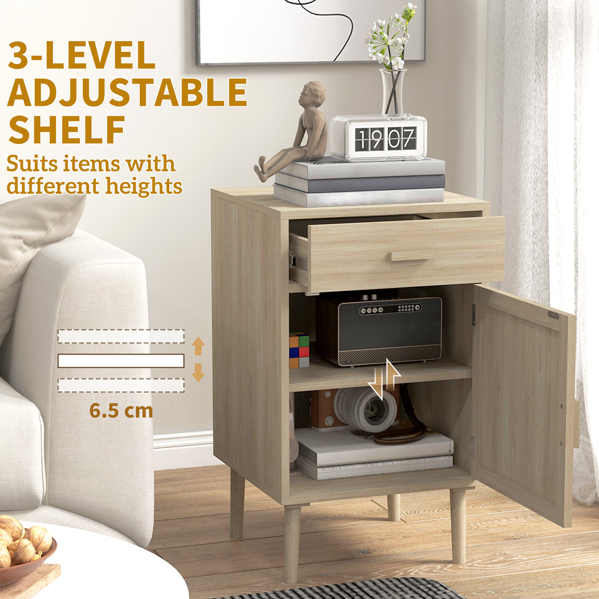 Boho Bedside Tables Set of 2, Nightstands with Drawer, Rattan Cabinet, Adjustable Shelf for Bedroom – view 5