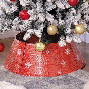 Christmas Tree Collar, 26" Metal Tree Ring Skirt, Home Xmas Decoration with Snowflake Engraving, Red
