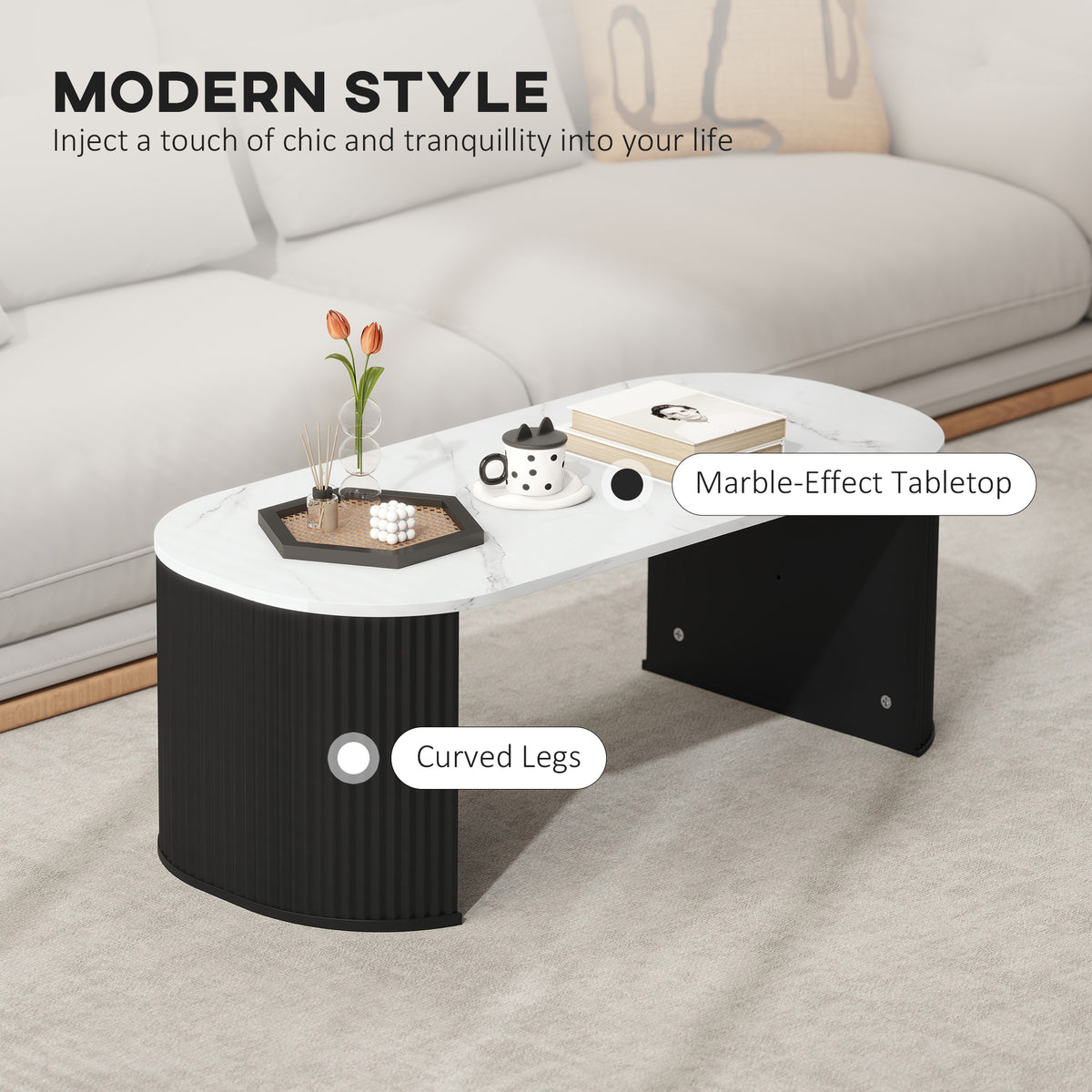 Coffee Table, Modern Marble-Effect Living Room Table with Round Corners and Thicken Legs, Black