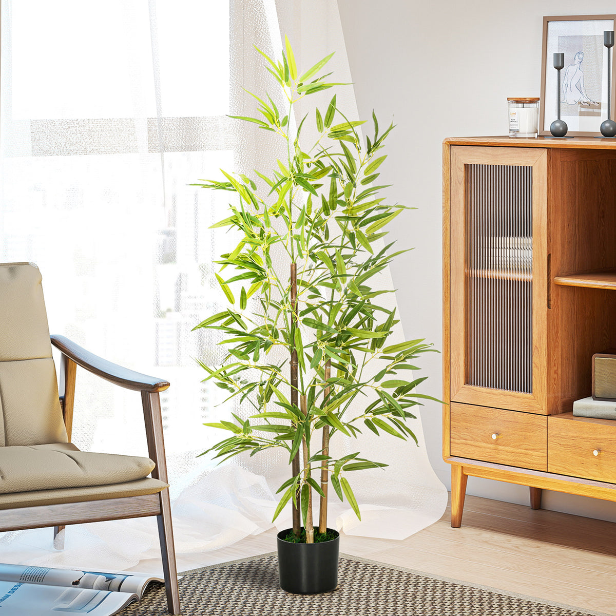 Set of 2 4ft Artificial Tree, Indoor Fake Bamboo with Pot, for Home Office Living Room Decor