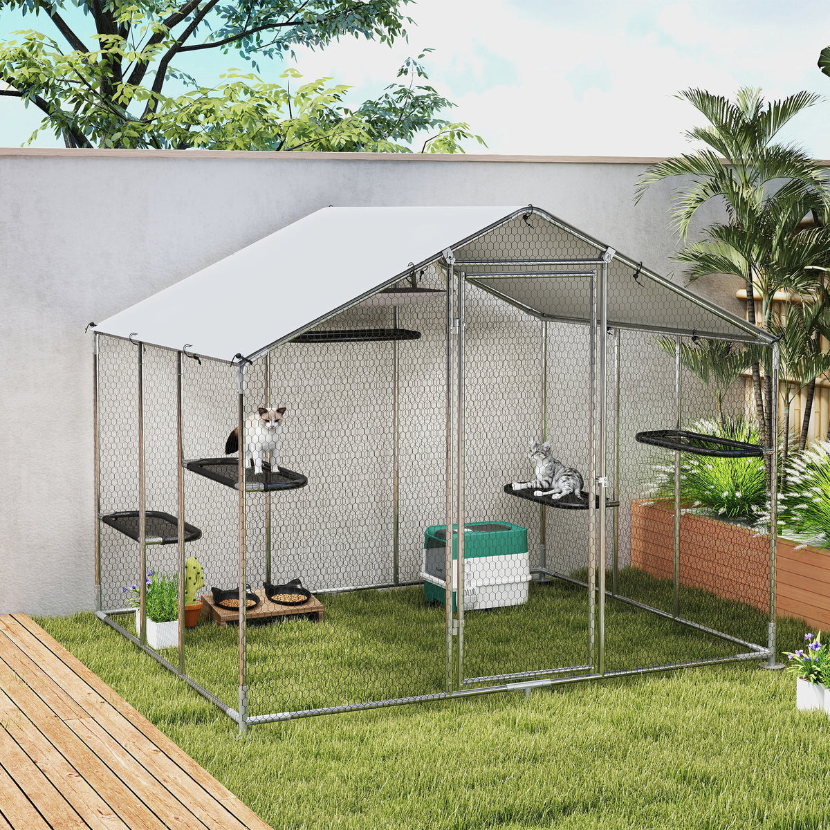 Large Catio Outdoor Cat Enclosure with Waterproof Cover, Walk-in Cat Patio w/ 5 Adjustable Platforms & Hammock 79" W
