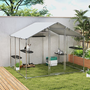 Large Catio Outdoor Cat Enclosure with Waterproof Cover, Walk-in Cat Patio w/ 5 Adjustable Platforms & Hammock 79" W