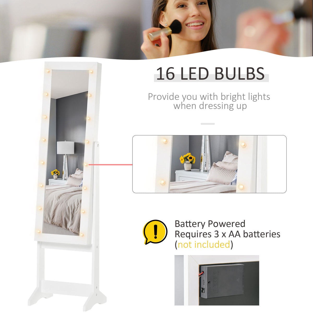 Free Standing Armoire Organizer, Lighted Mirrored Jewelry Cabinet w/ Angle Adjustable & 16 LED Lights Warm – view 4