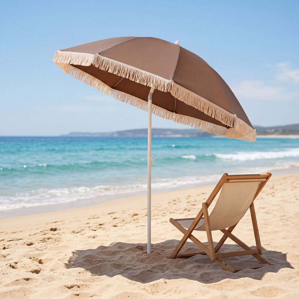 7 FT Patio Umbrella with Fringe Boho Tassel Umbrella for Outdoor Beach Garden Poolside-Brown view 2