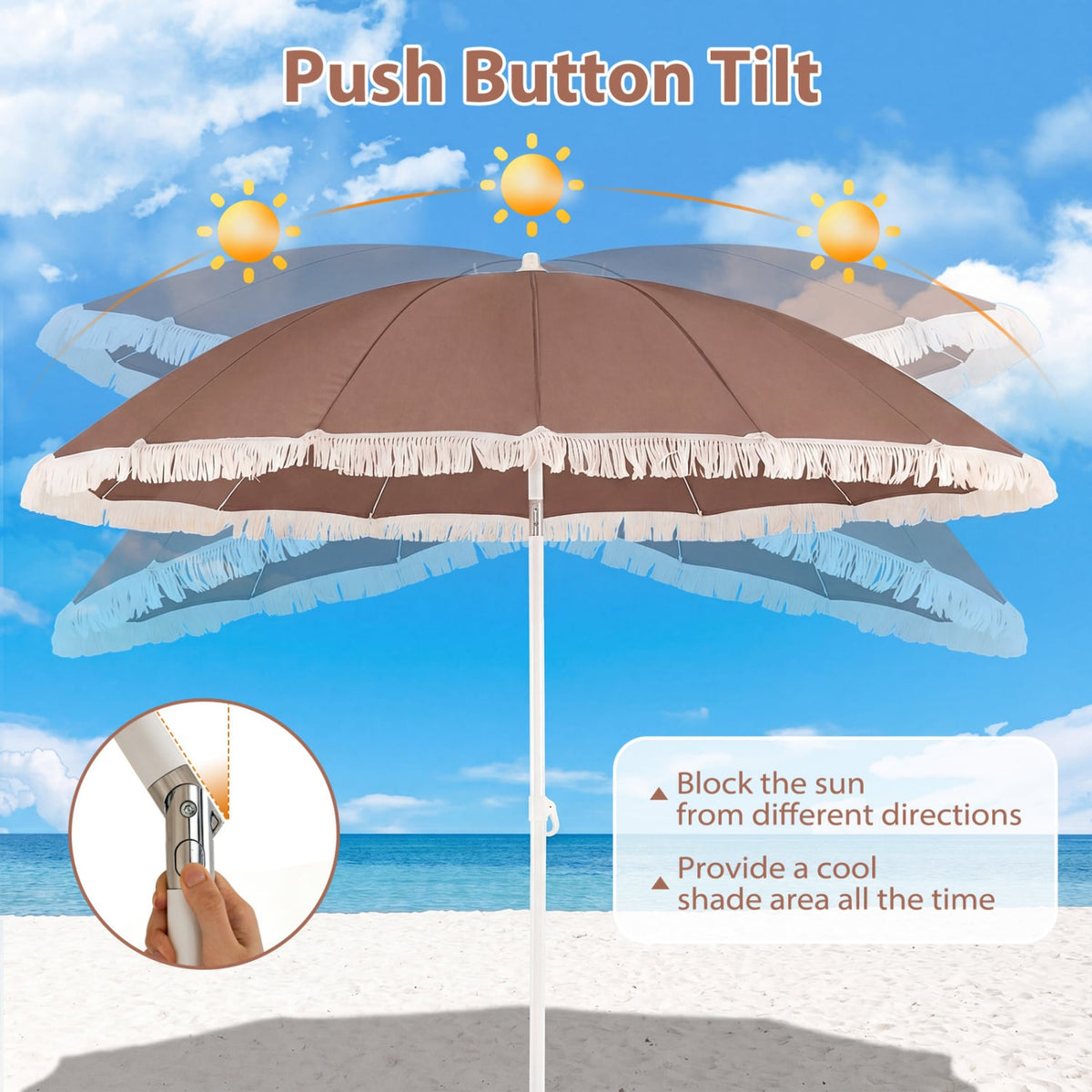 7 FT Patio Umbrella with Fringe Boho Tassel Umbrella for Outdoor Beach Garden Poolside-Brown view 8