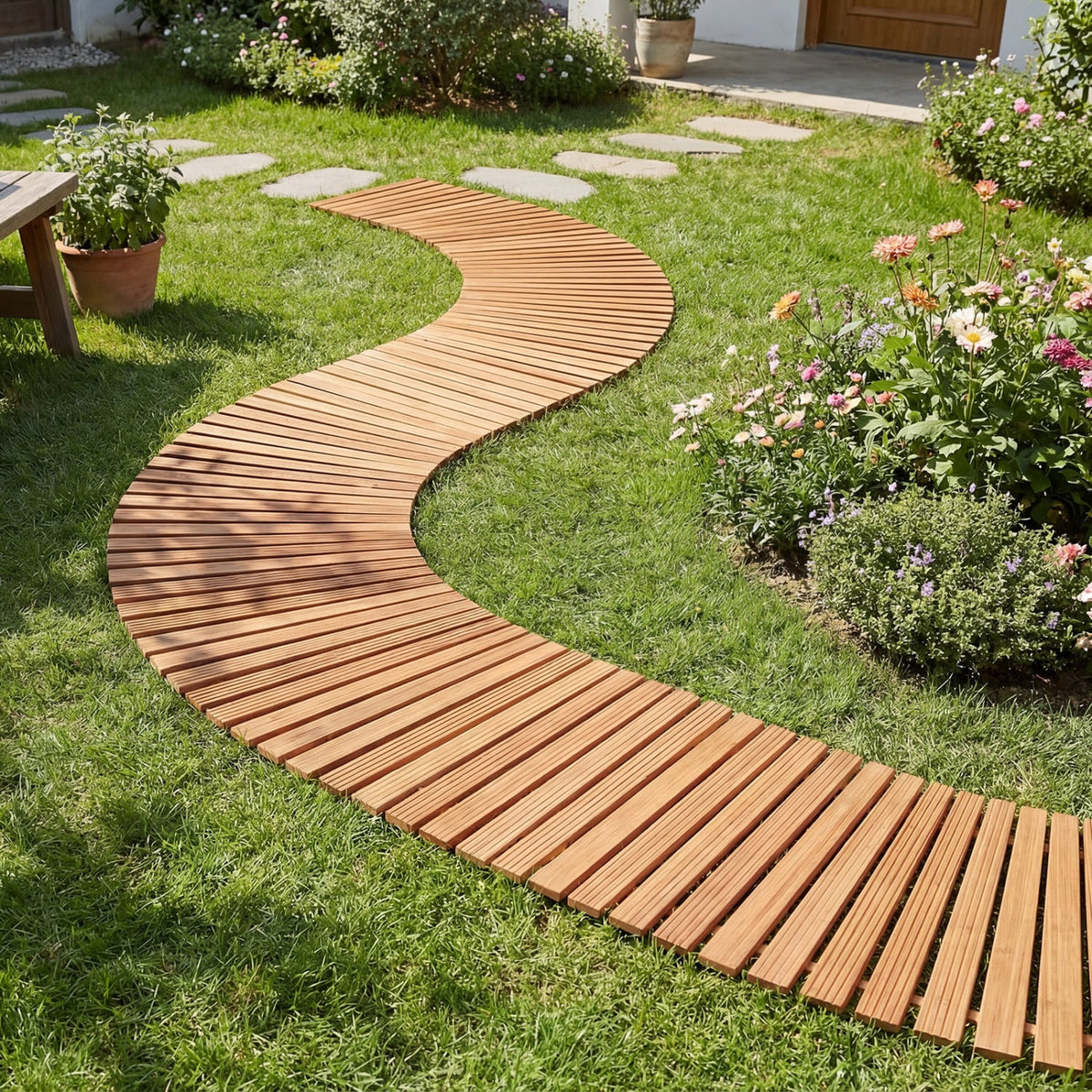 7 FT Wooden Garden Pathway with Anti-slip Surface for Gardens Patios-Natural view 2